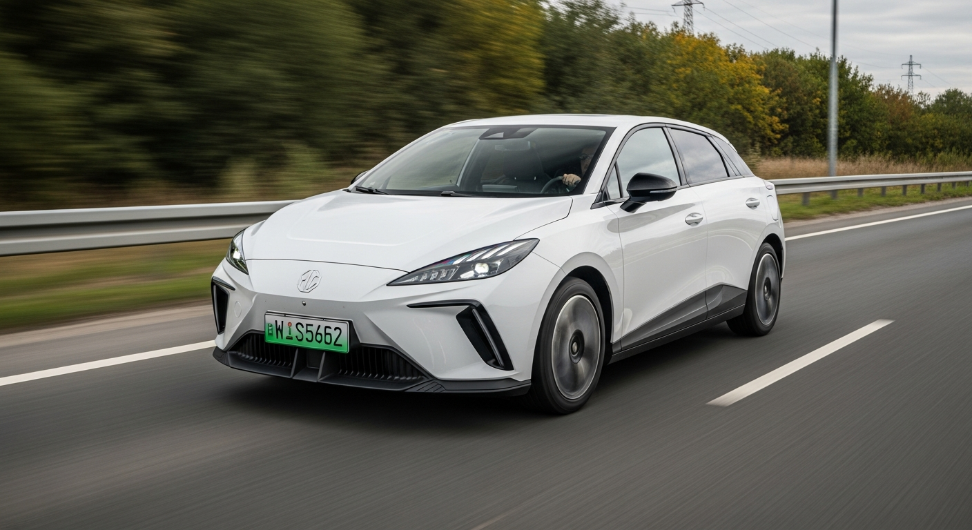 A sleek MG4 electric hatchback viewed from the front three-quarter angle, driving on a highway.