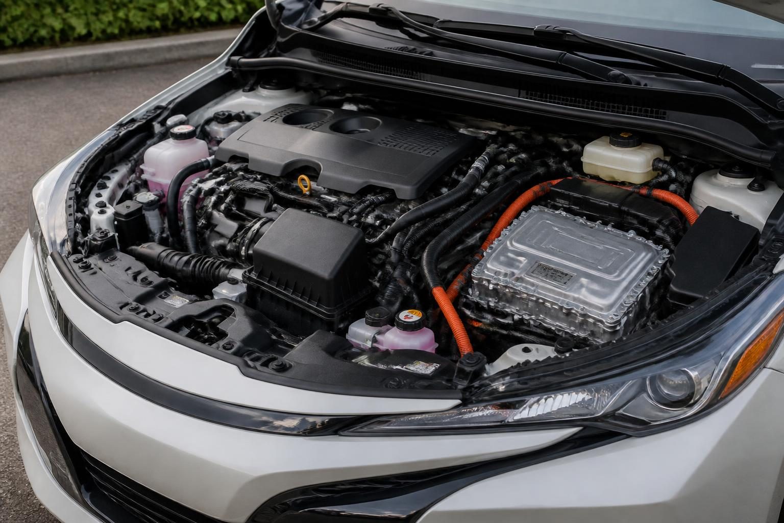 Open Toyota hybrid engine bay with petrol engine, orange high-voltage cables, and inverter unit.