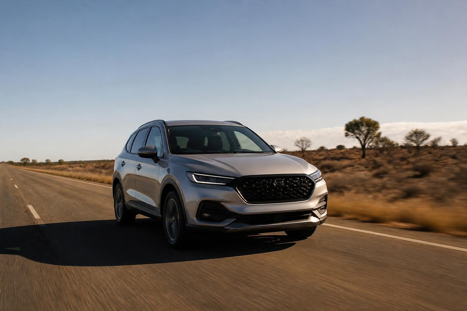 Silver compact SUV driving on a dry rural highway beside scrubland in warm evening light.