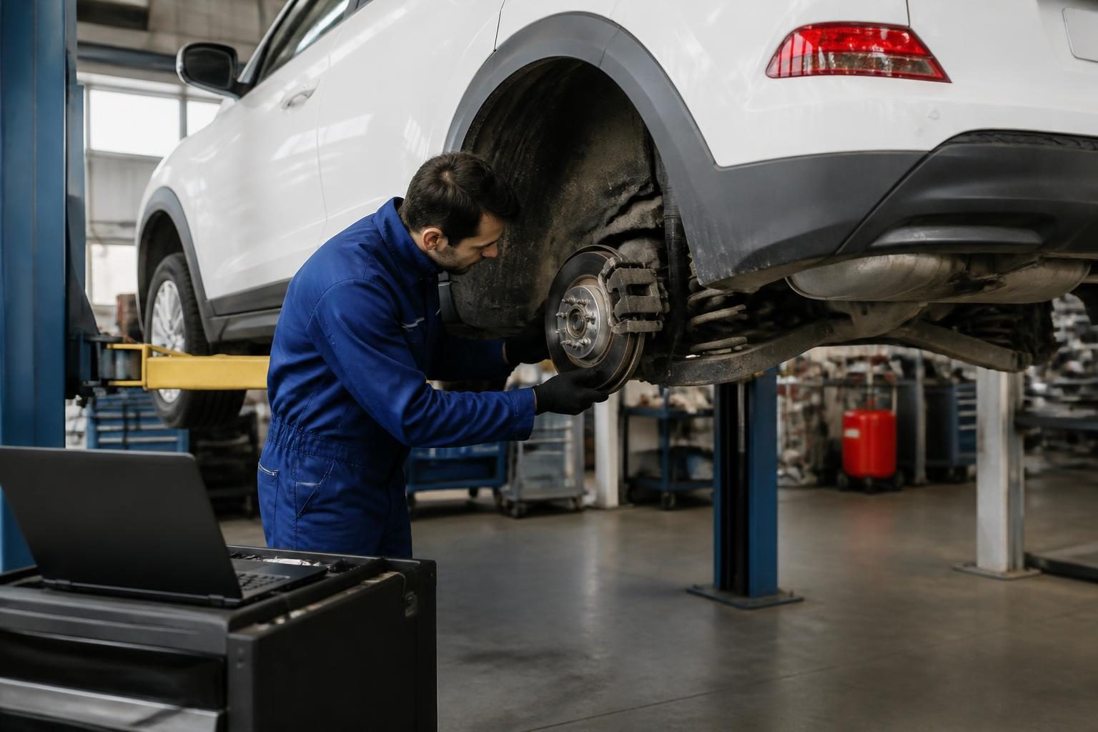 Mechanic in blue coveralls inspects rear brake rotor on a white SUV lifted in a workshop.