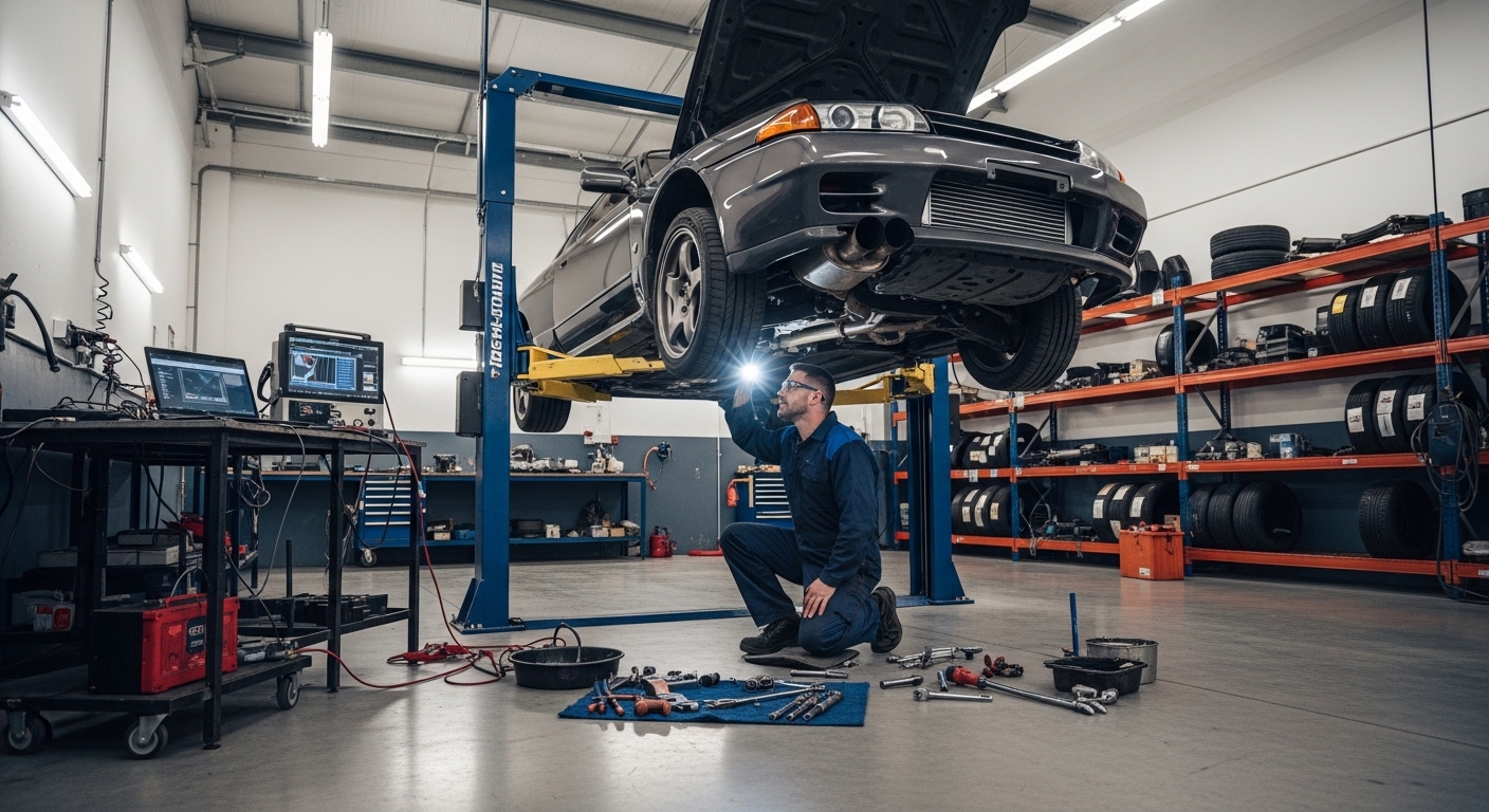 Mechanic kneels under a gray car on a lift in a bright workshop with tools and diagnostic screens nearby.