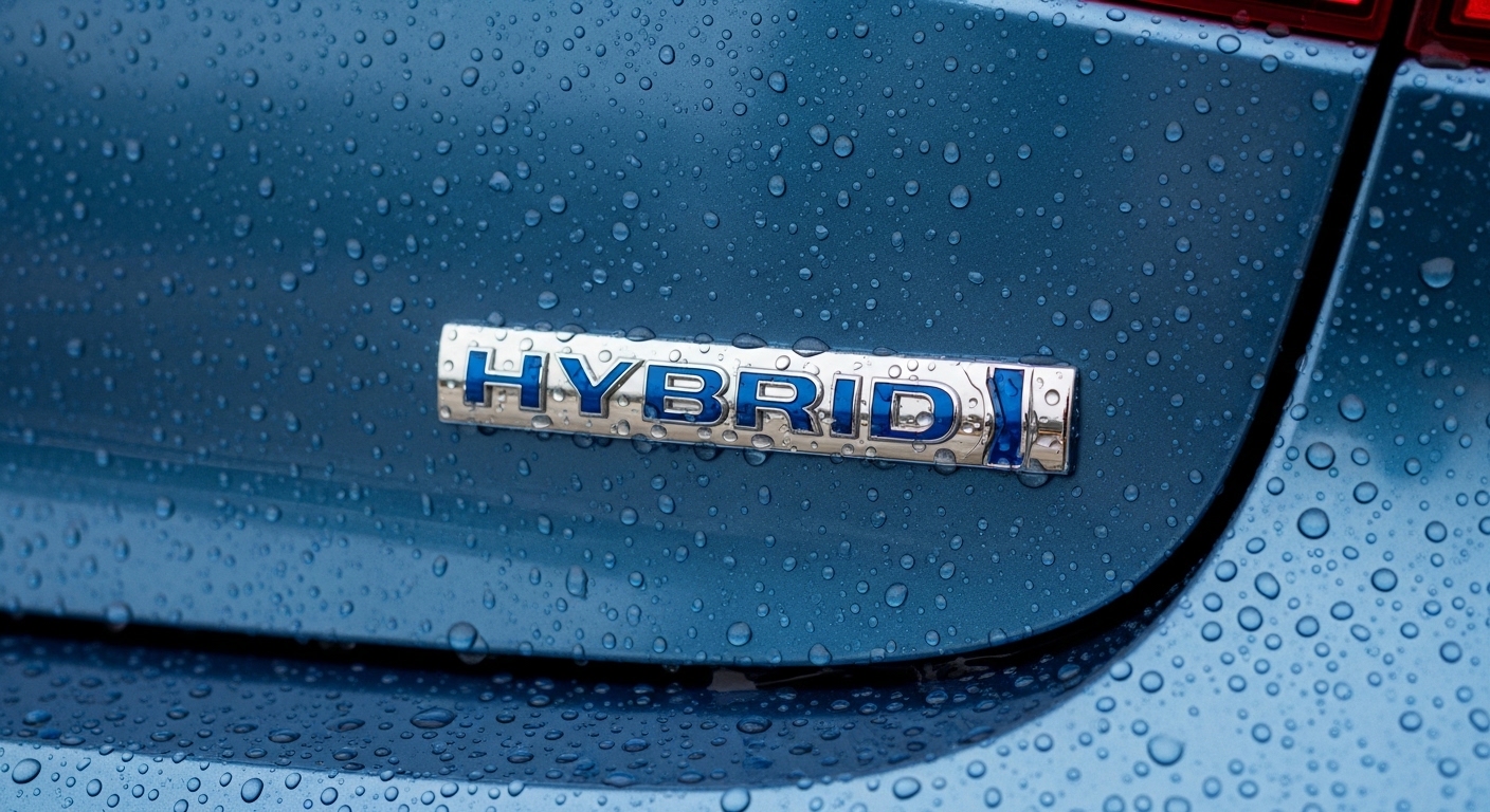 Close-up of a chrome and blue HYBRID badge on a blue car covered in raindrops