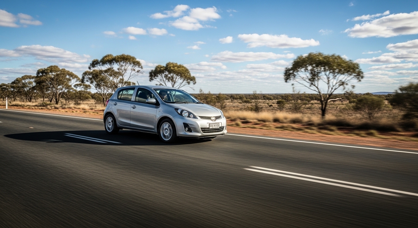 Silver compact hatchback driving on a rural paved road with trees and blue sky