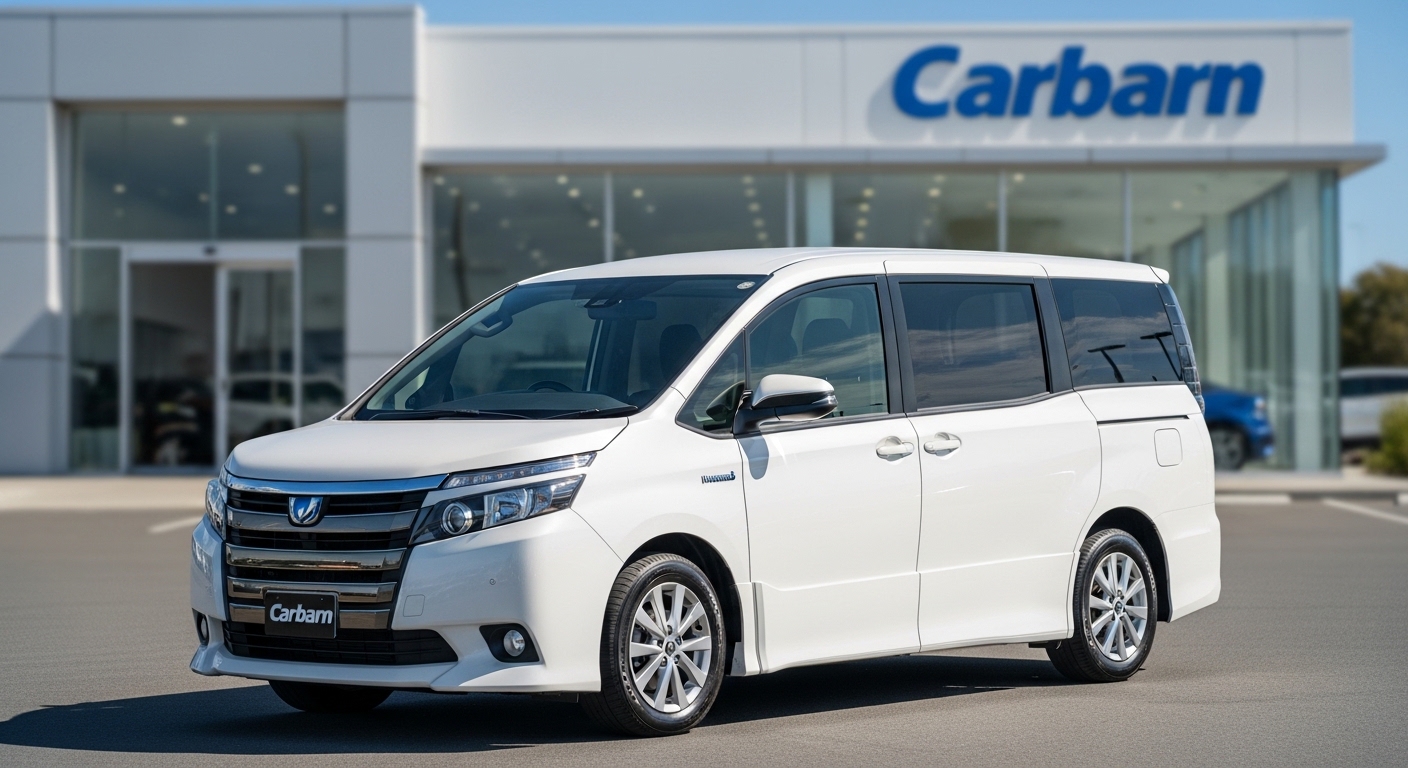 White hybrid minivan parked in front of a Carbarn dealership building