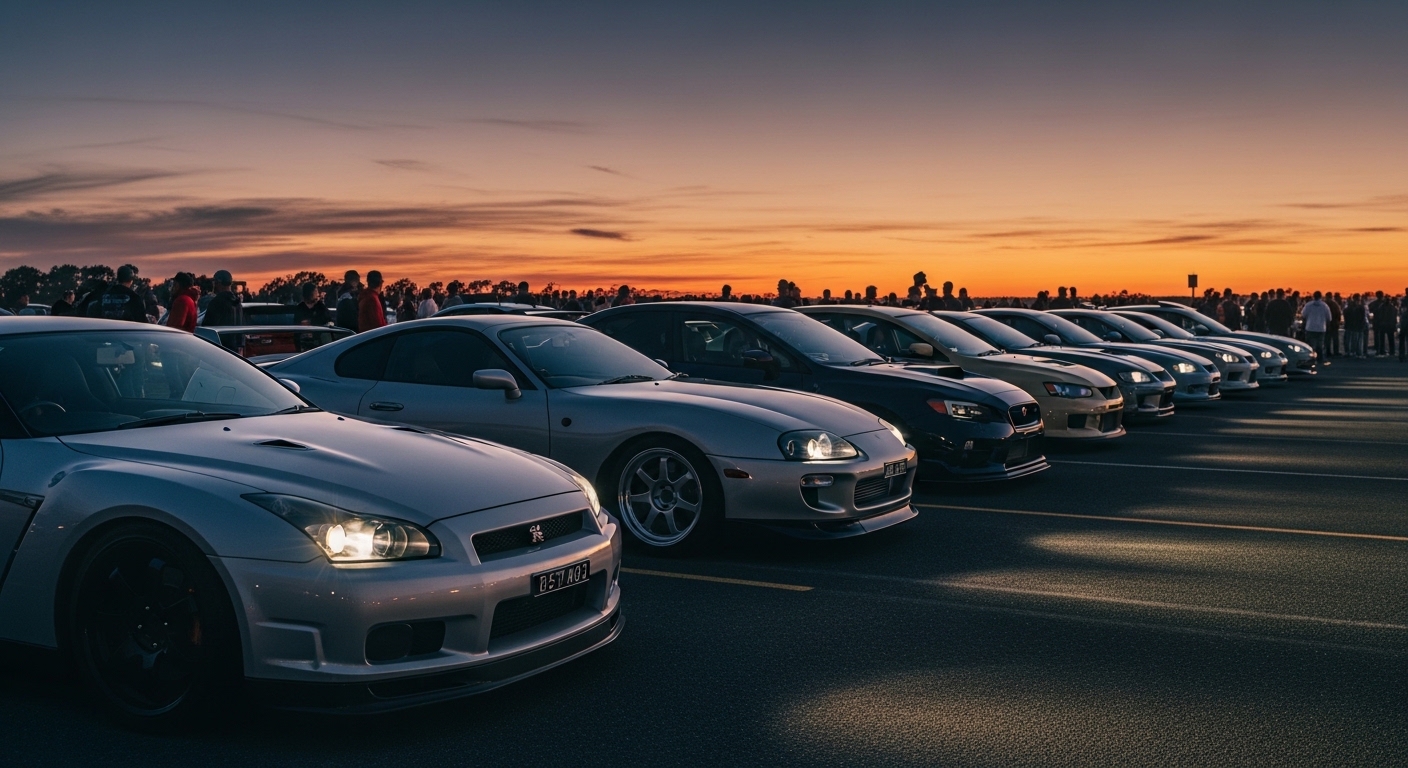 A row of Japanese performance cars lined up at an enthusiast car meet in Australia at dusk
