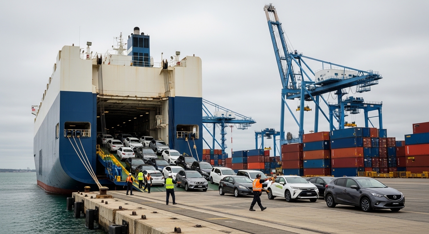 Cars being unloaded from a car carrier ship at an Australian port under a cloudy sky