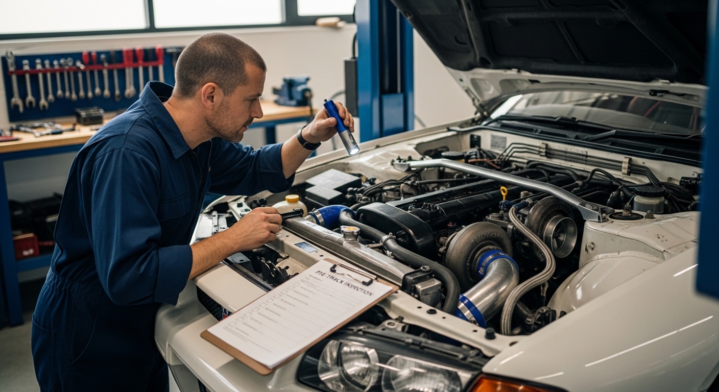A mechanic inspecting a turbocharged engine bay during a pre-purchase check
