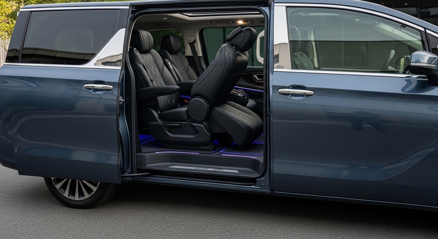 Blue luxury minivan with sliding door open and second-row seat swiveled outward