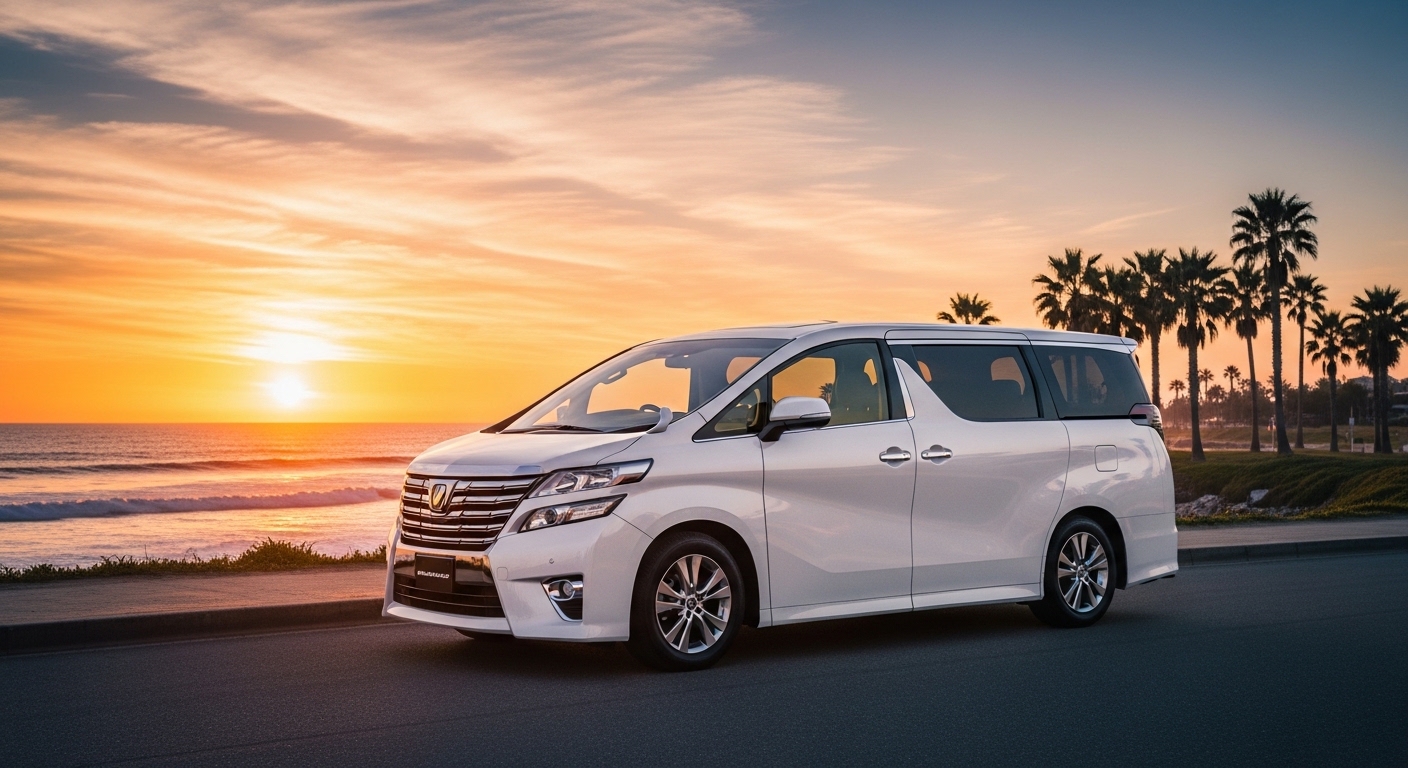 White luxury minivan parked on a coastal road at sunset with palm trees and ocean behind