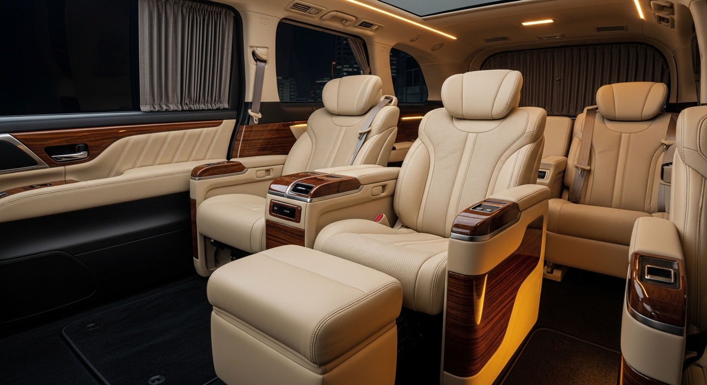 Luxury van interior with cream leather captain's chairs, wood trim, ambient lighting, and curtains at night