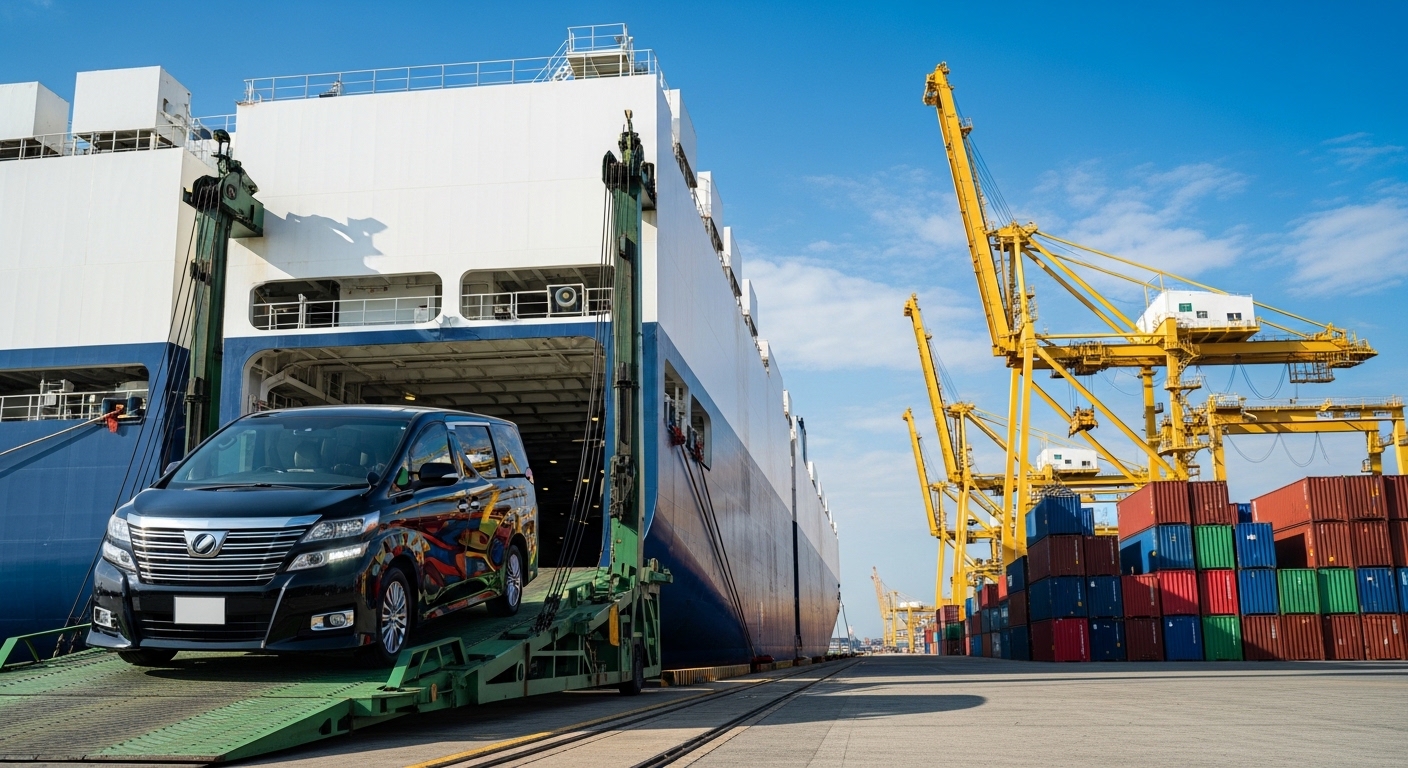 Black luxury van driving up a ramp into a white cargo ship beside containers and yellow port cranes
