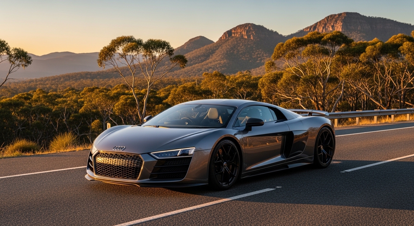 Gray Audi R8 parked on a mountain road at sunset with eucalyptus trees and rocky peaks behind