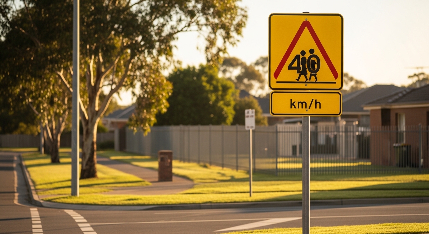 Yellow 40 km/h school-zone sign beside a suburban street in warm morning light
