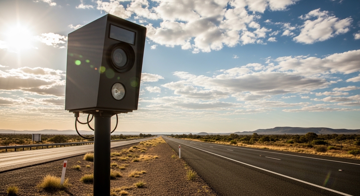 Black roadside speed camera beside a long open highway under a cloudy sky