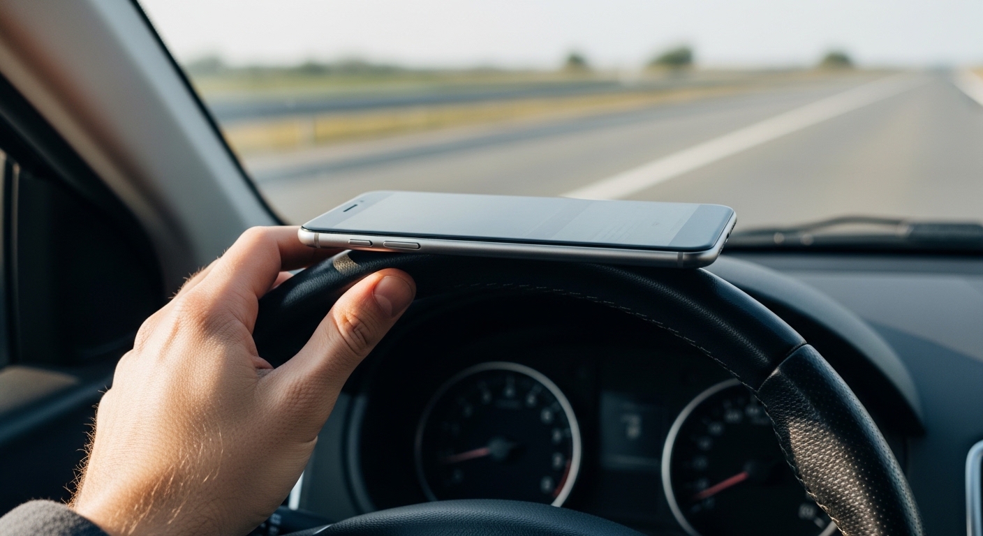 Hand holding a steering wheel with a smartphone resting across the top, road blurred ahead