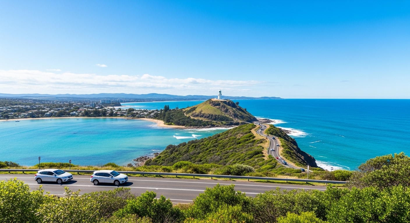 Clifftop coastal view over Byron Bay's turquoise water and lighthouse on the Pacific Coast touring route in New South Wales