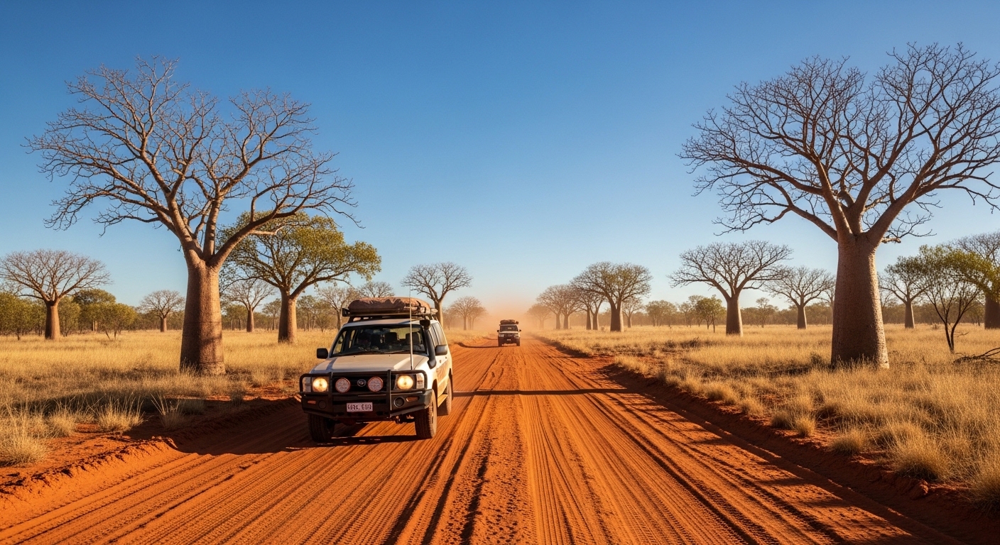 A high-clearance four-wheel drive on a corrugated red-dirt track through Kimberley boab country in Western Australia