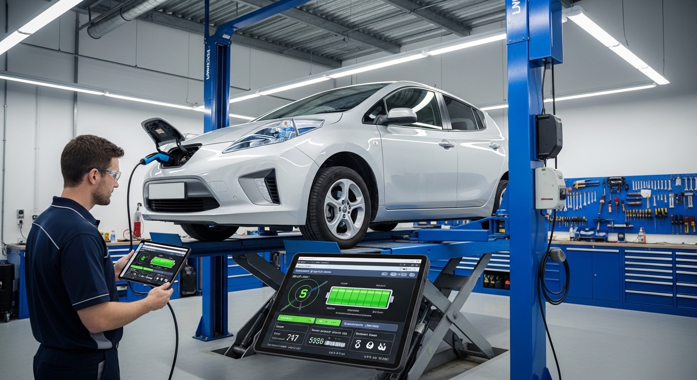 A technician checks the battery health of a used electric hatchback in an Australian workshop.