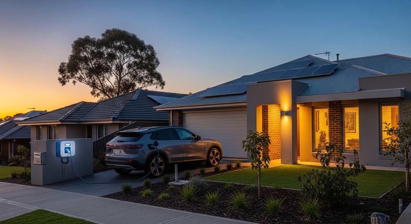 An electric vehicle charges in the driveway of an Australian home with rooftop solar at dusk.