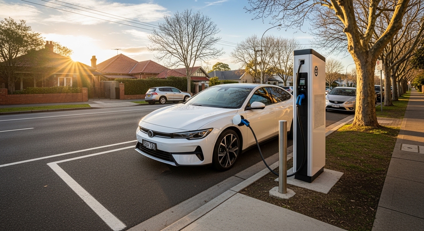 White electric car plugged into a curbside charging station on a tree-lined suburban street at sunset