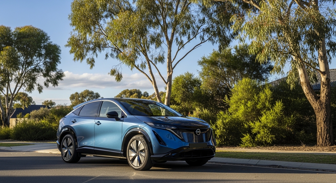 Blue Nissan Ariya electric SUV parked on a suburban street with tall trees under a clear sky