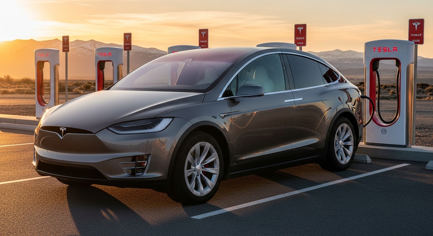 Gray Tesla SUV plugged into a Supercharger at an outdoor station at sunset