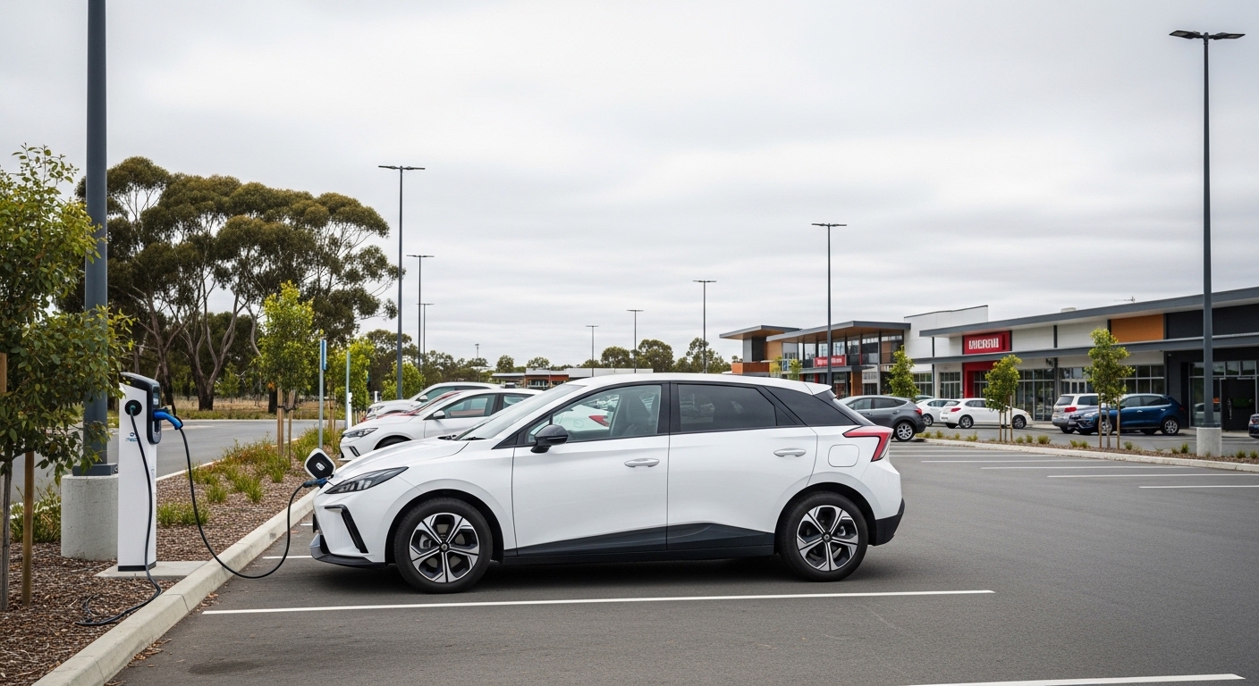White electric hatchback plugged into a public charger in a suburban shopping-centre car park