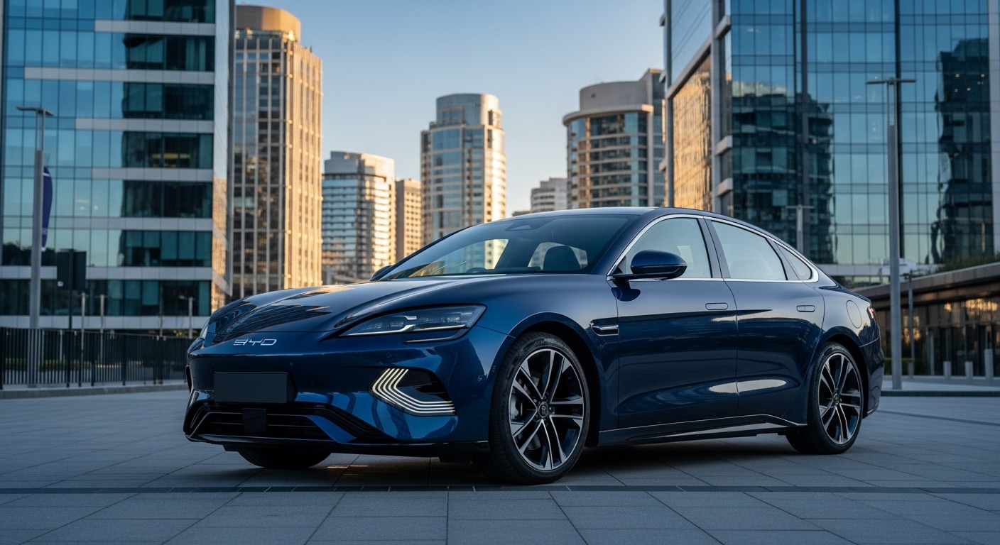 Midnight-blue BYD Seal sedan parked in a modern business district, viewed from a low front three-quarter angle