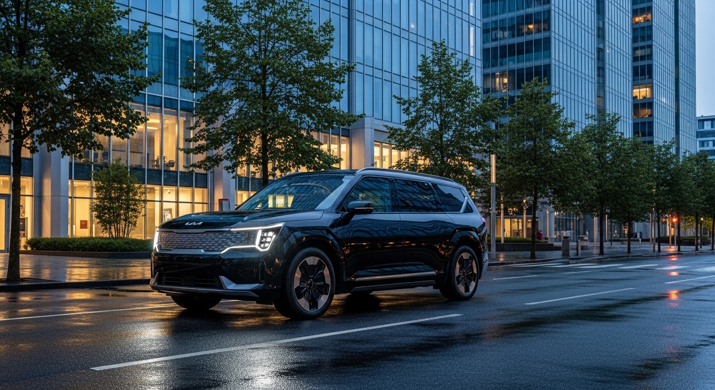 Black Kia EV9 SUV parked on a wet street beside modern glass buildings at dusk