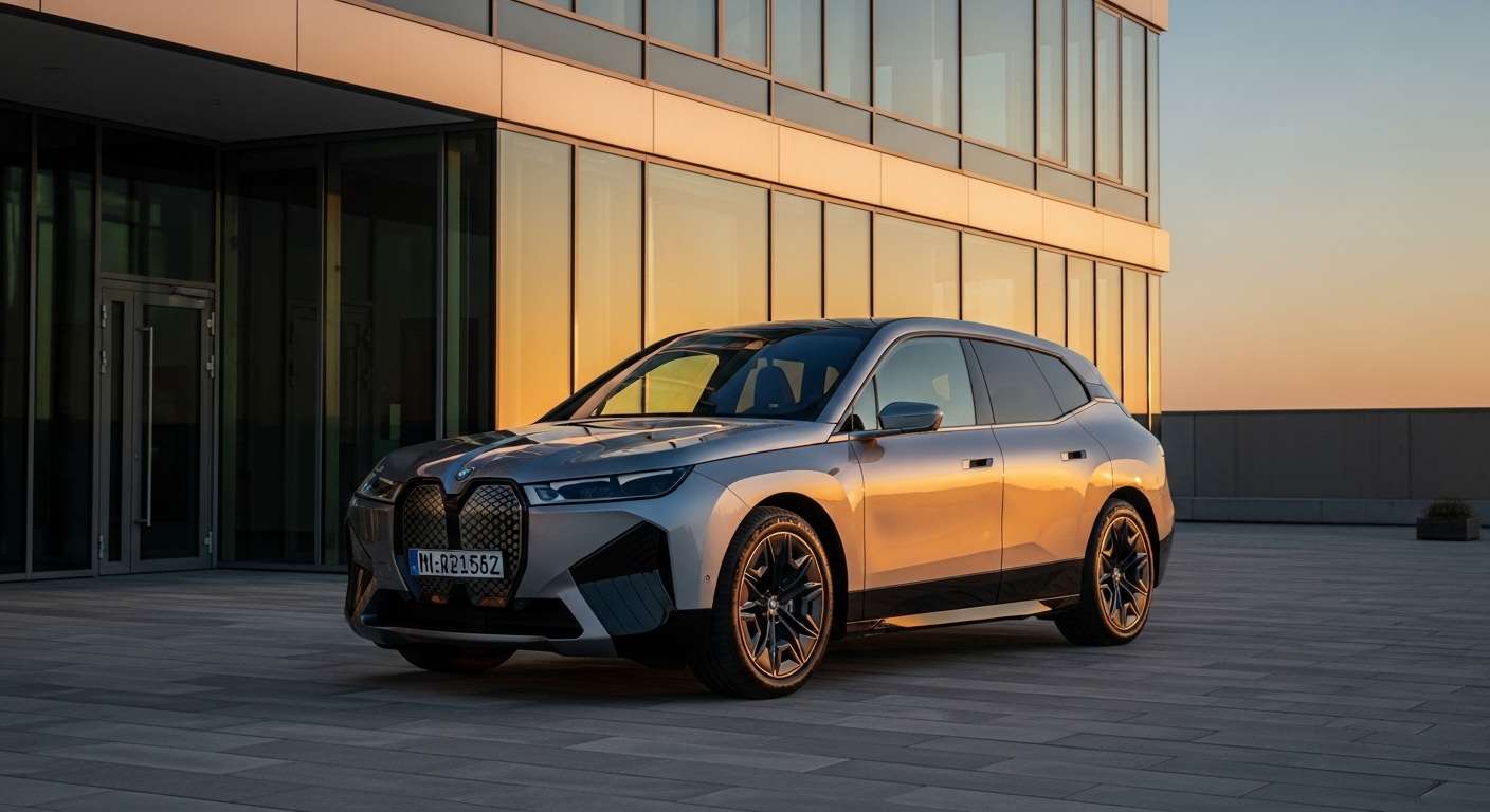 Silver BMW iX SUV parked outside a modern glass building at sunset, front three-quarter view