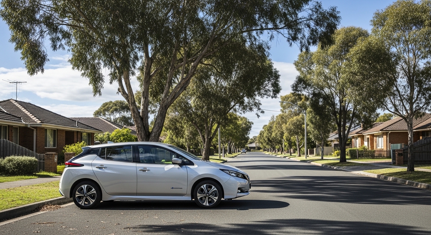 Silver Nissan Leaf parked on a quiet suburban street lined with tall trees and brick houses