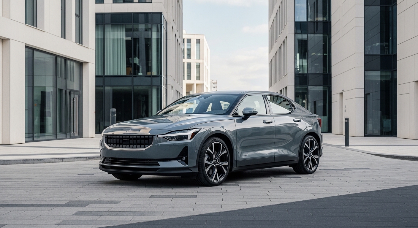 Grey Polestar 2 parked on a modern city street, shown from the front three-quarter angle