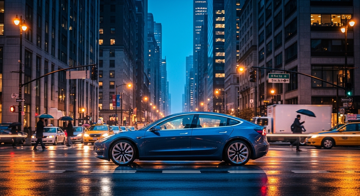 Blue Tesla Model 3 on a rainy downtown street at dusk with taxis and tall buildings around it