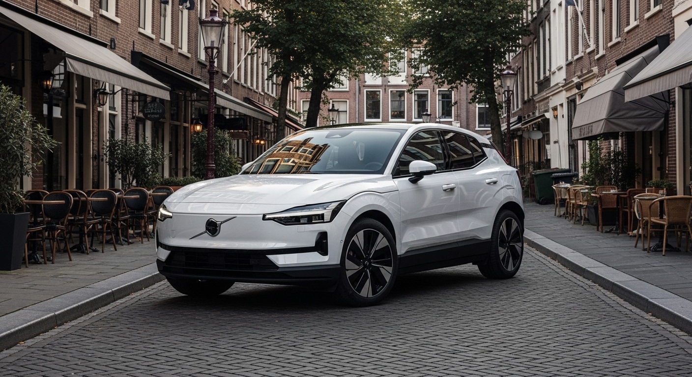 White compact SUV parked on a narrow cobblestone city street with cafe tables on both sides