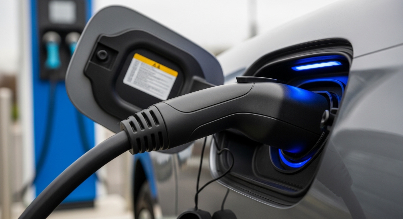 Close-up of an EV charging plug connected to a gray car with blue light around the port