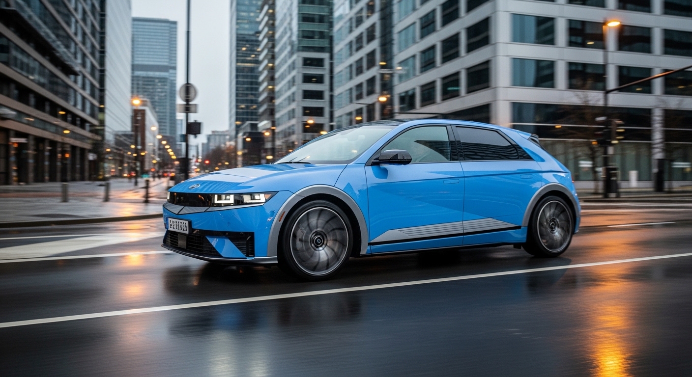 Bright blue Hyundai IONIQ 5 N driving on a wet city street between tall office buildings