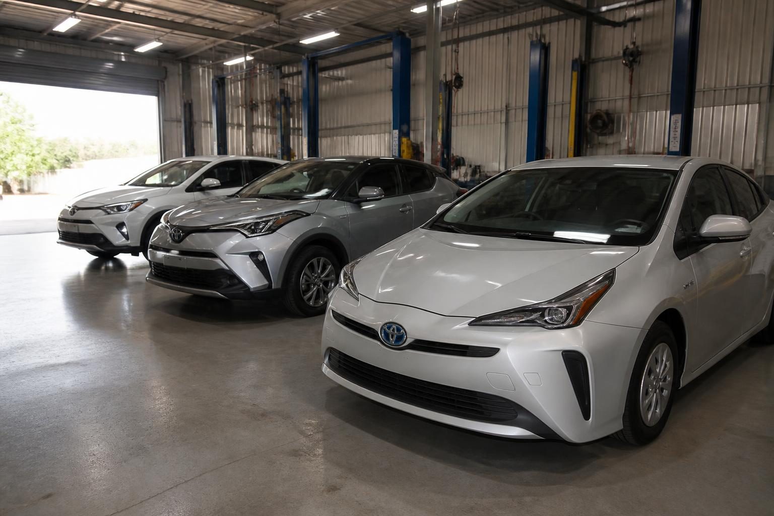 Three Toyota hybrid cars parked in a workshop with blue hoists and an open roller door.