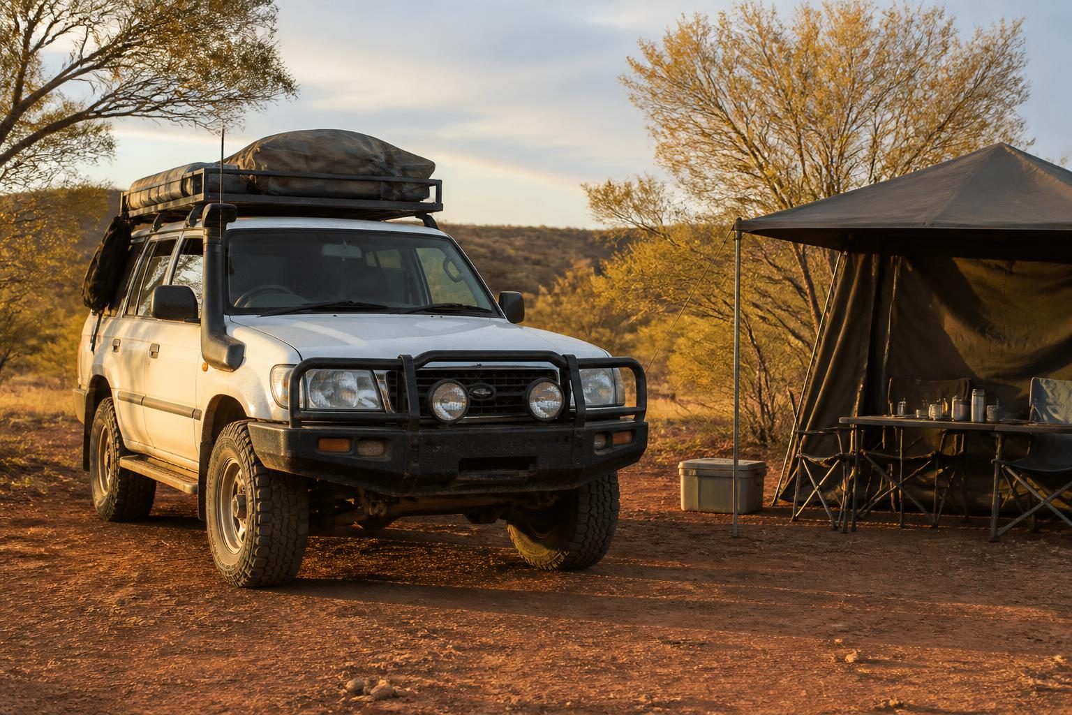 White 4WD with roof gear parked beside a camping tent and table in a dry bush landscape at sunset