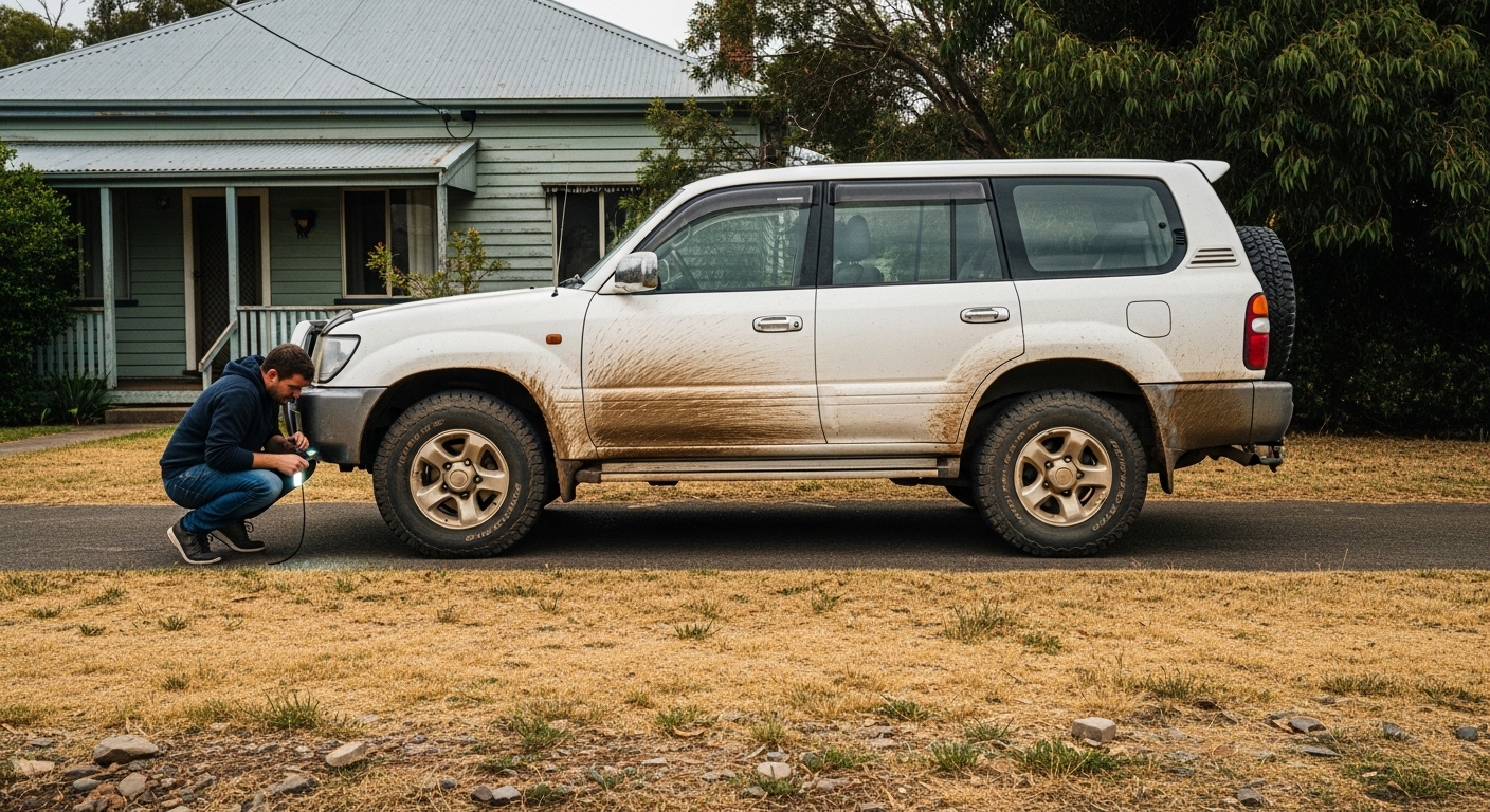 A used-car buyer crouches with a torch to inspect the underbody of a mud-splattered white 4WD parked on a grass verge in suburban Australia.