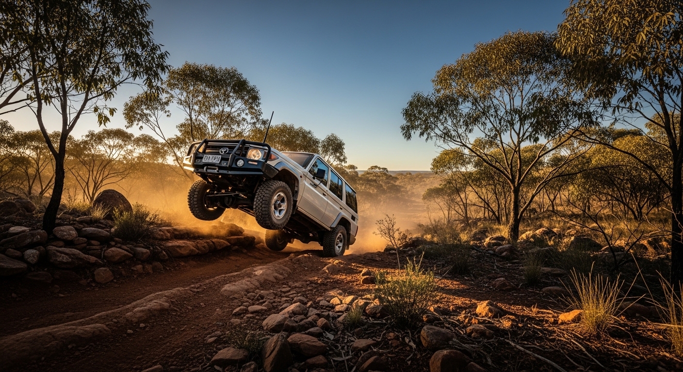 A four-wheel-drive wagon climbs a rocky track with one front wheel lifted, showing the articulation that true low-range 4WD provides.