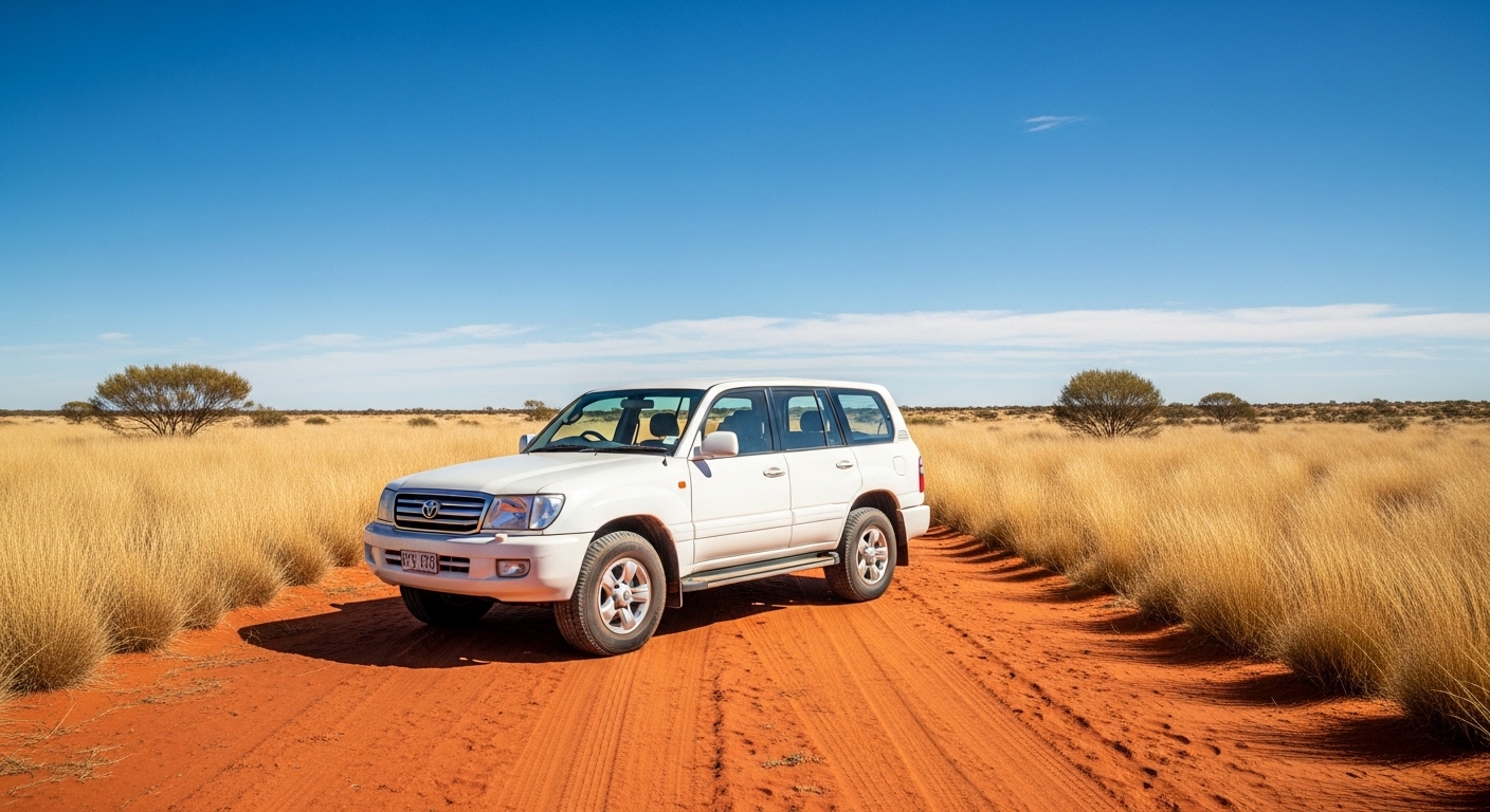 A white Toyota LandCruiser 105 Series wagon parked on a red-dirt outback track surrounded by dry desert scrub.