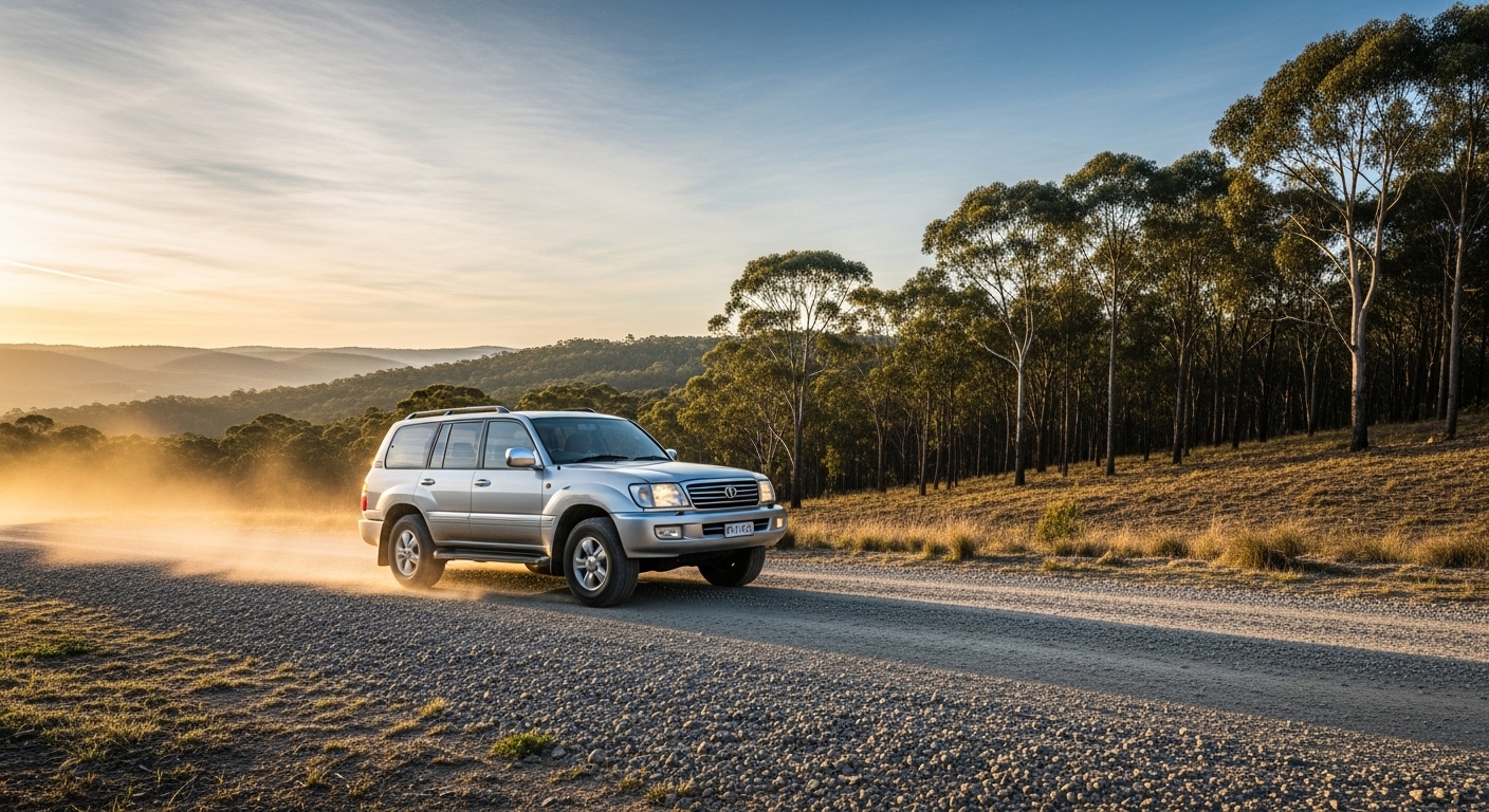 A silver Toyota LandCruiser 100 Series wagon travels along a gravel country road lined with eucalyptus trees.