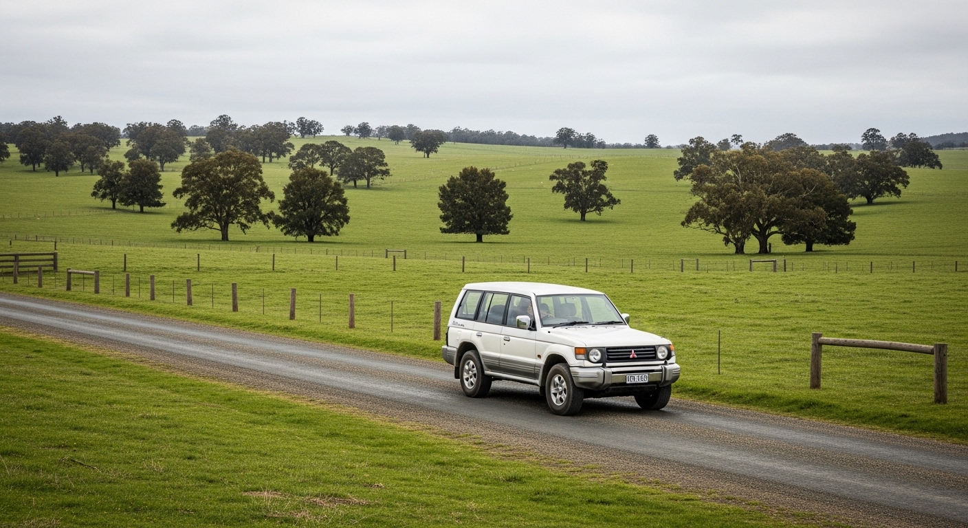 A 1990s white and grey Mitsubishi Pajero NJ wagon sits on a rural dirt road beside green paddocks.