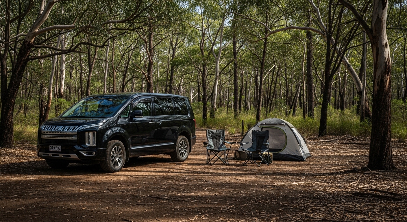 A black Mitsubishi Delica D:5 four-wheel-drive people-mover parked at a bush campsite with camping gear set up nearby.