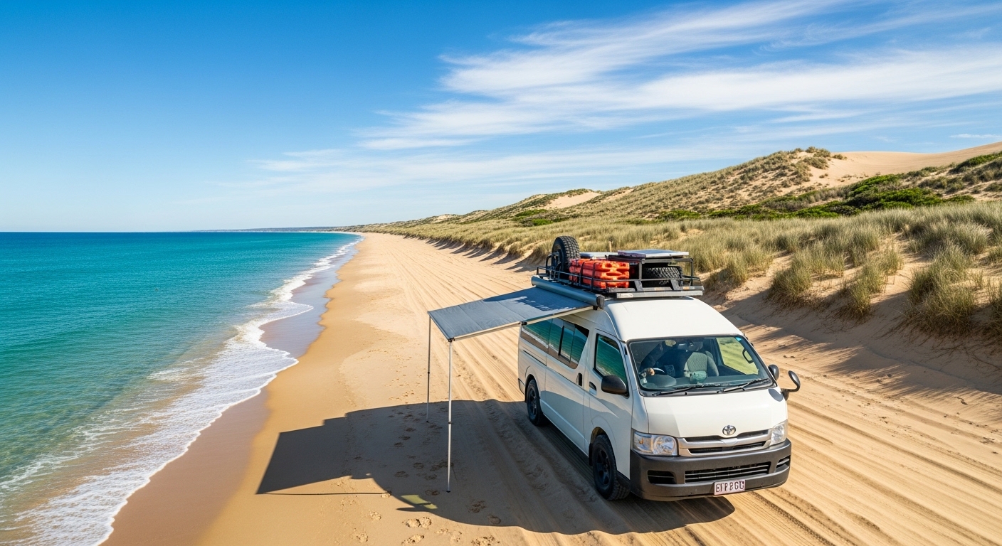 A white high-roof Toyota HiAce 4WD van drives along a coastal sand track with dunes and ocean behind it.