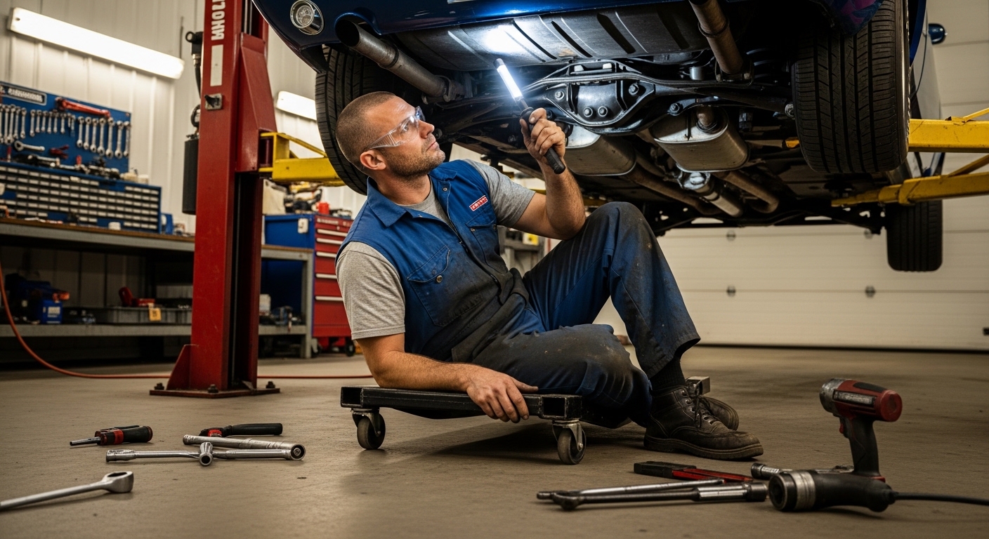 A mechanic uses a torch to inspect the undercarriage of a vehicle raised on a hydraulic workshop hoist.