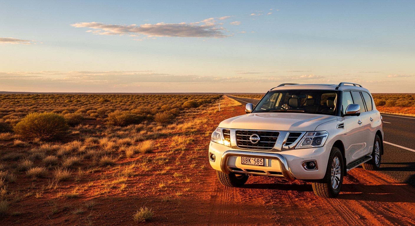 A large white Nissan Patrol Y62 four-wheel-drive wagon parked on the shoulder of an outback highway beside red dirt and scrub.