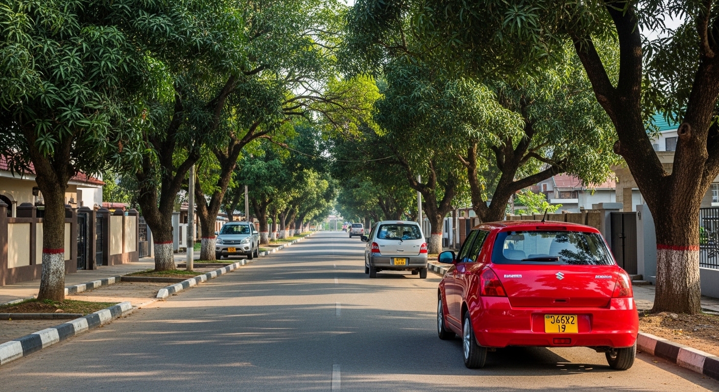Red Suzuki Swift compact hatchback parked on a quiet tree-lined Dar es Salaam residential street