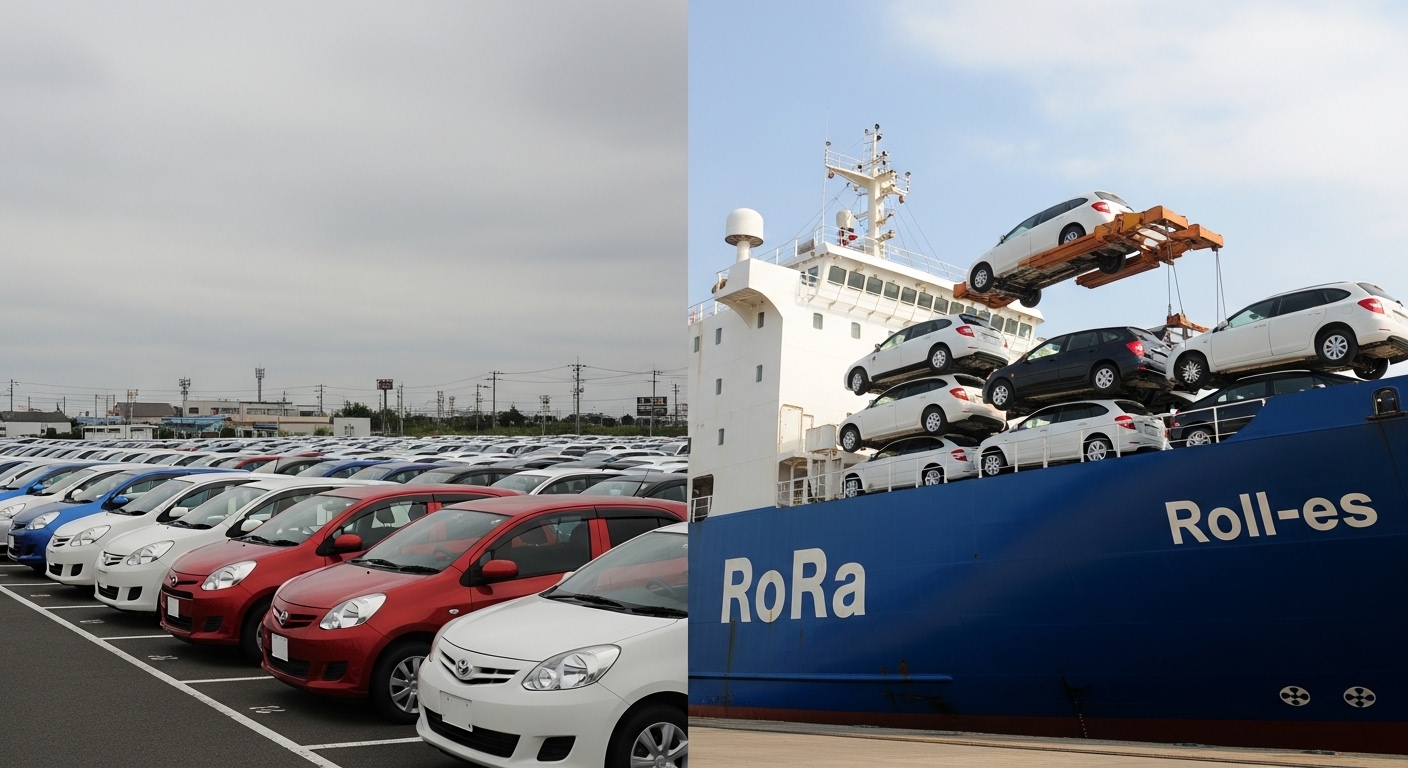 Split scene showing a Japanese car auction lot and a car-carrier vessel unloading at Dar es Salaam port