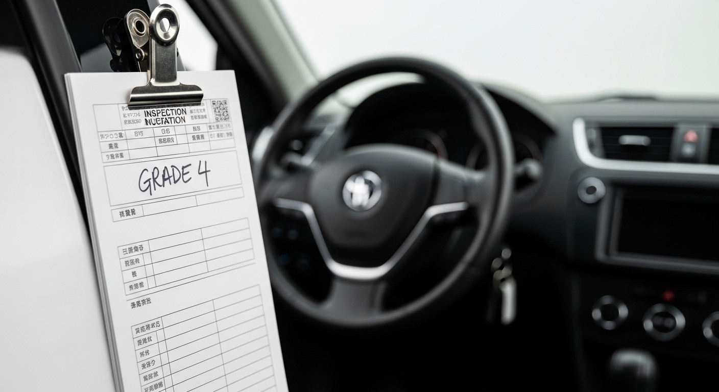 Close-up of a Japanese car auction inspection sheet showing a grade 4 mark